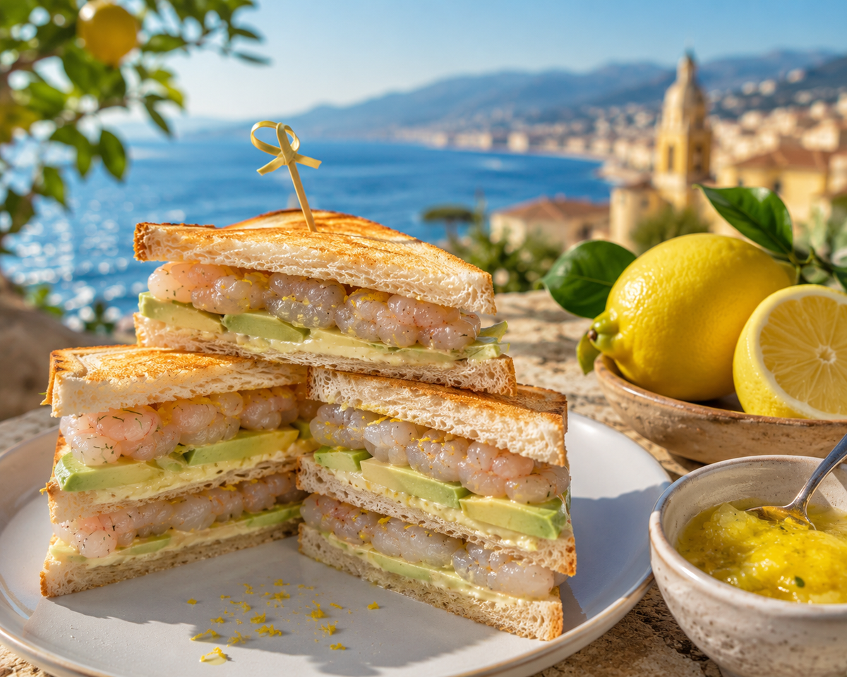 Club sandwich Gambas, avocat et condiment au citron IGP de Menton, une recette fraiche et raffinée