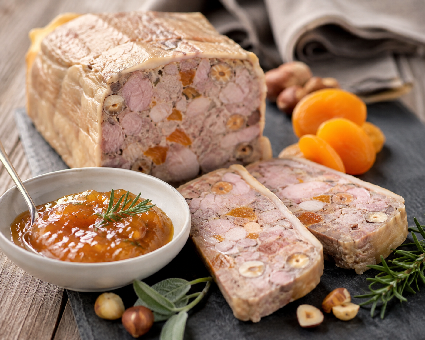 Terrine de pintade aux noisettes et aux abricots secs, condiment abricot, sauge & romarin … Une entrée de caractère, gourmande et raffinée