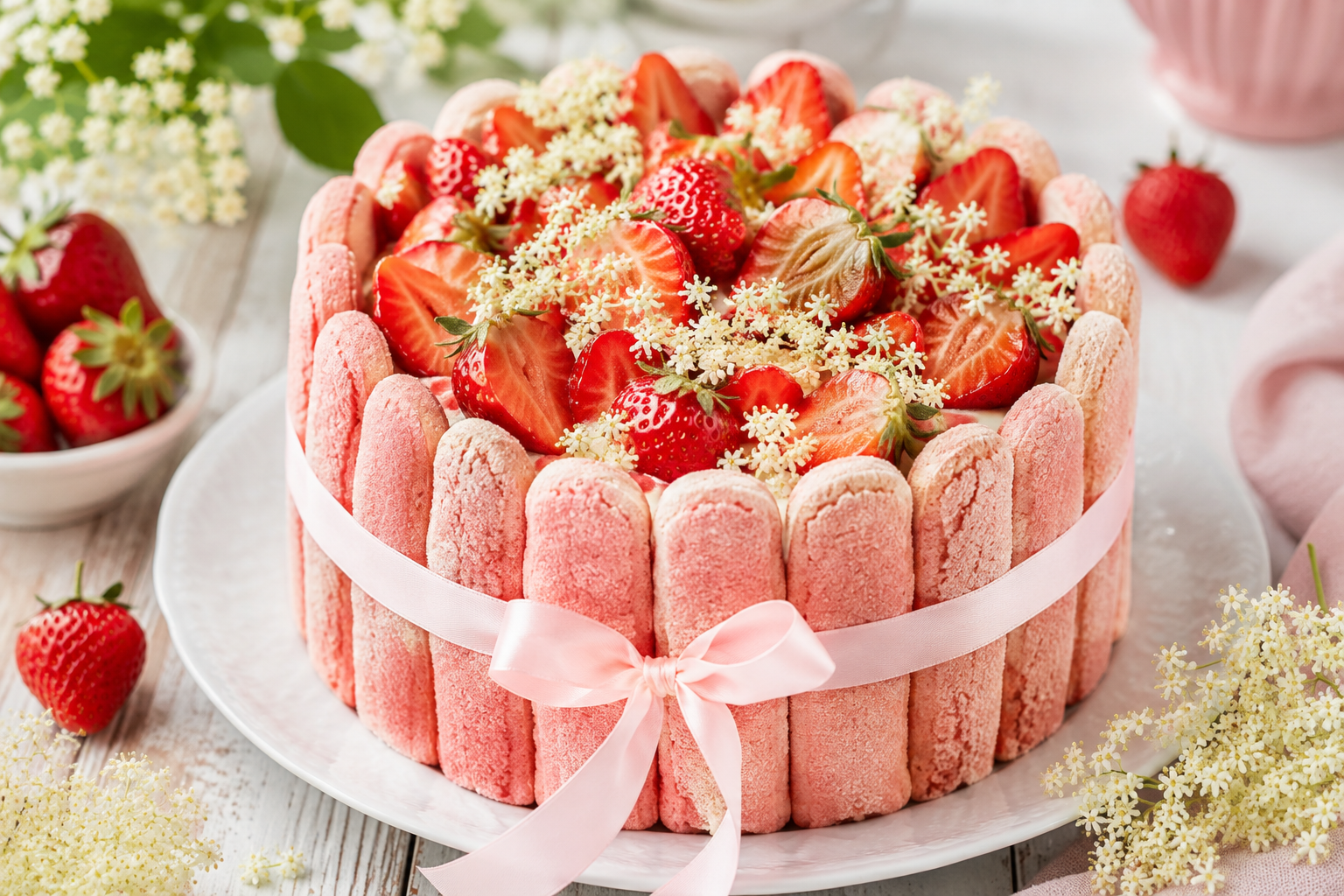 Charlotte aux biscuits roses de Reims, préparation de fruits Fraises & Fleurs de Sureau et fraises fraîches … Une recette élégante, légère et fruitée pour un dessert d'exception